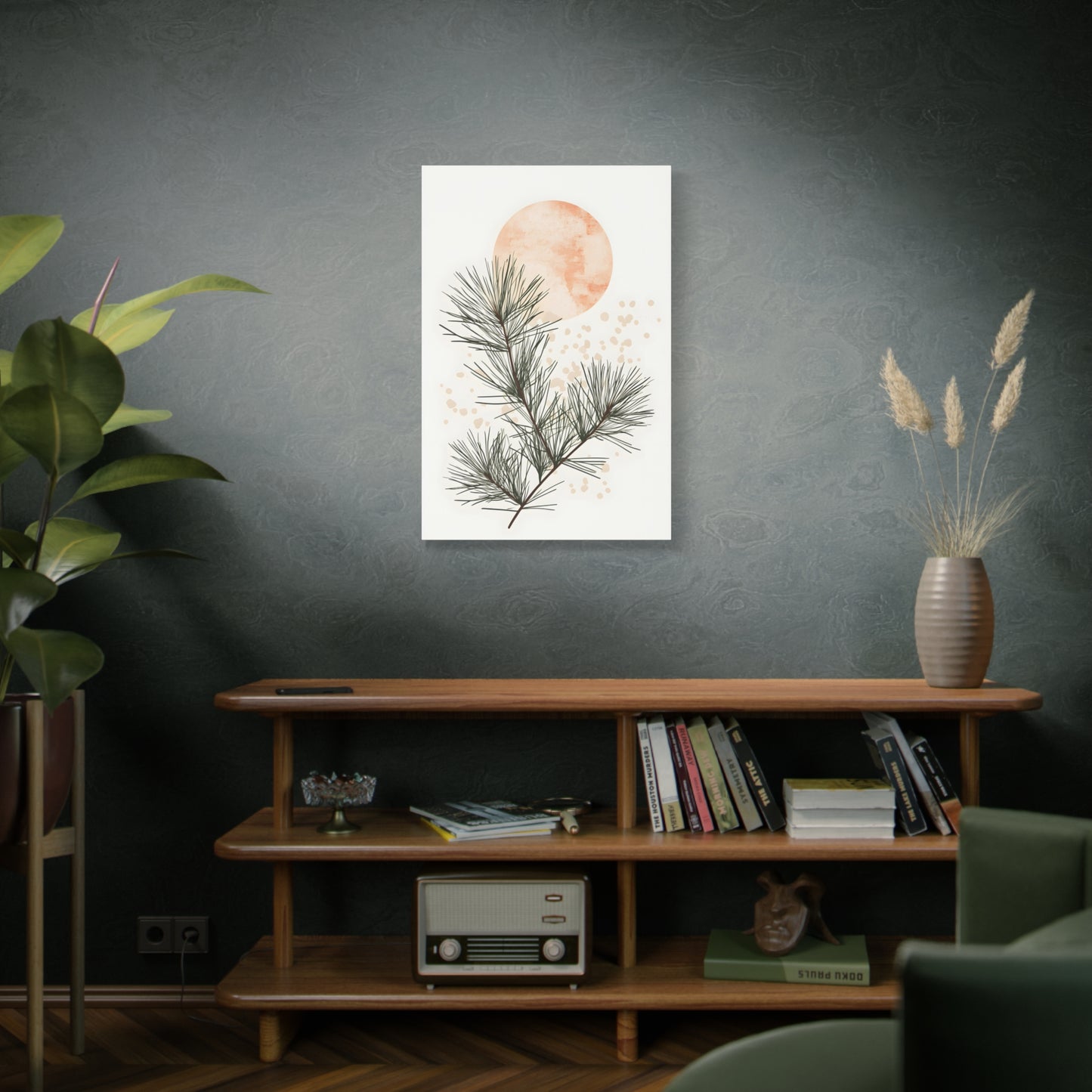 Botanical Pine Branch Canvas Print — Minimalist Pine Art with Warm Sun