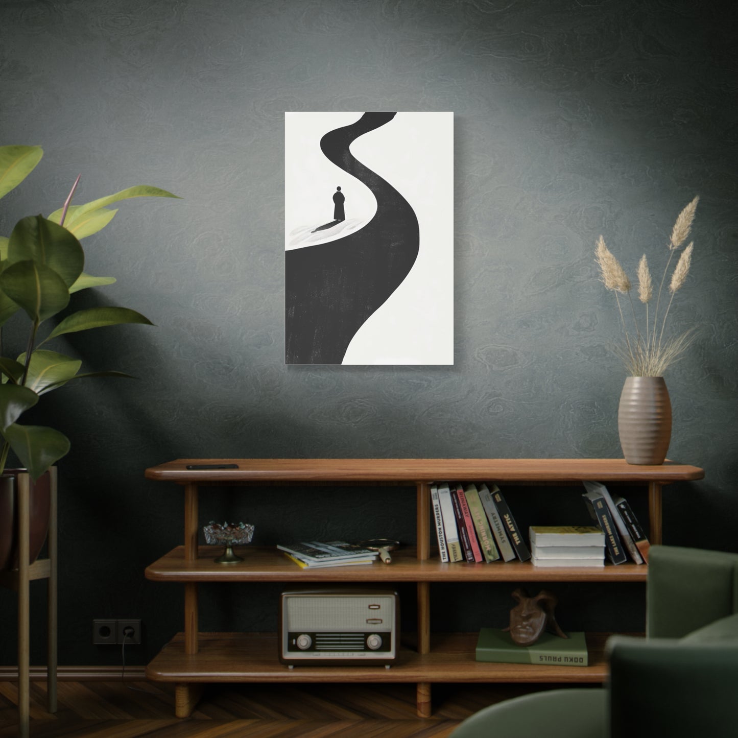 Minimalist Black & White Canvas Art — Solitary Figure on Winding Path