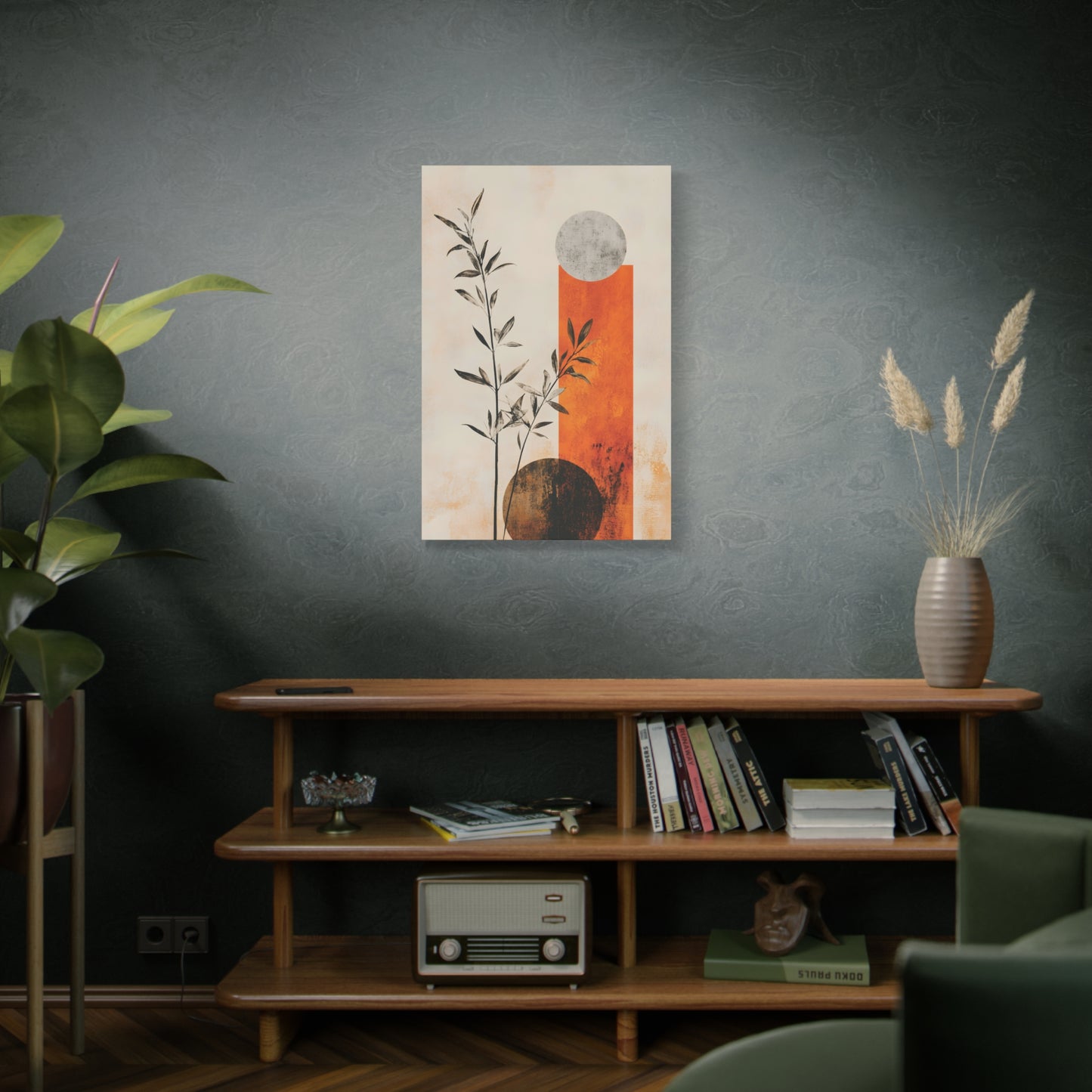 Abstract Botanical Canvas Print — Orange Geometric Sun & Moon Wall Art