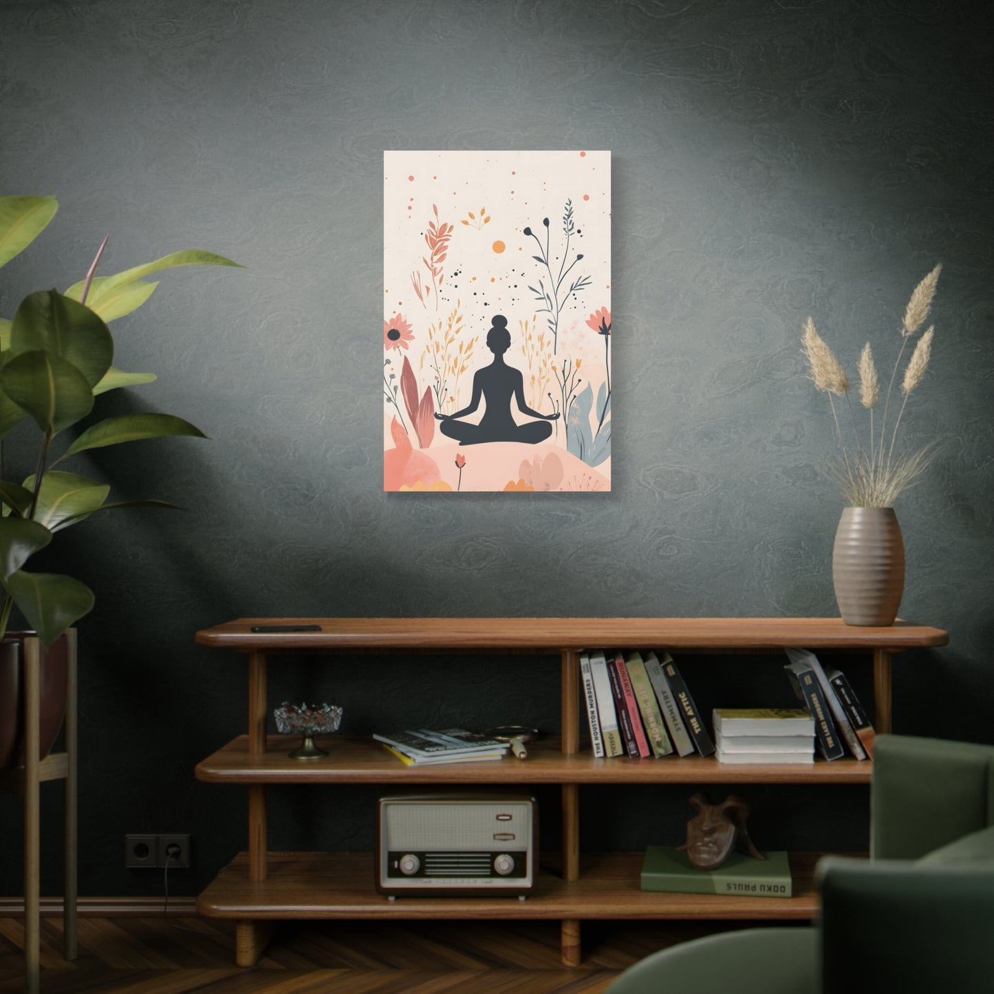 Meditation Silhouette Canvas Art – Boho Floral Yoga Wall Decor