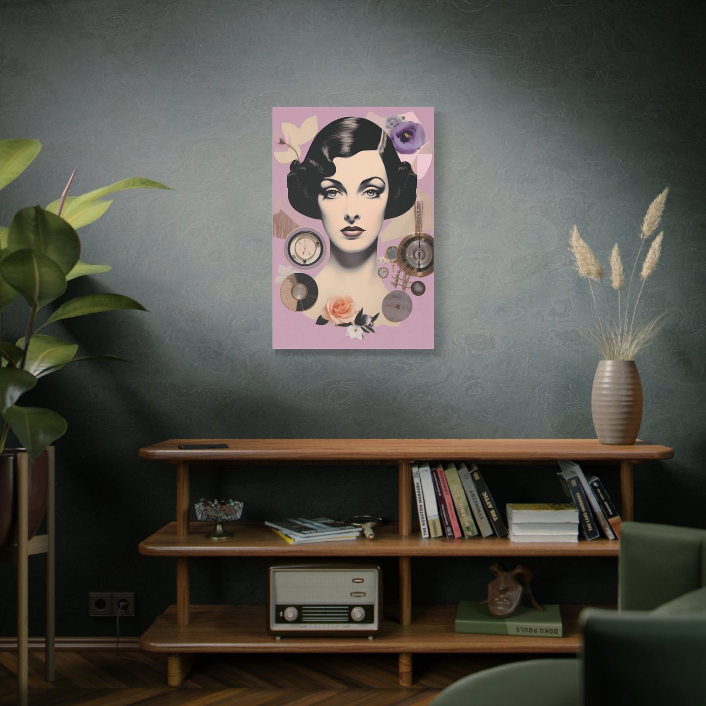 Vintage Glam Portrait Canvas Print — Art Deco Woman on Pink Matte Stretched Canvas