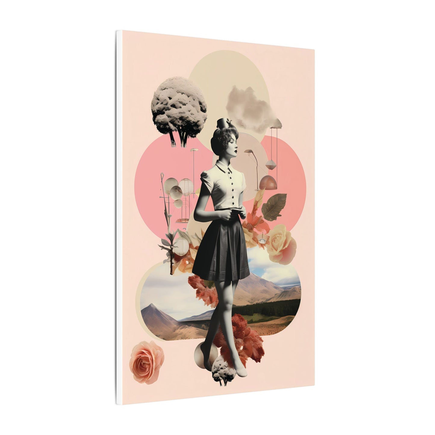 Vintage Ingenue Canvas Art: Surreal Pink Landscape Collage