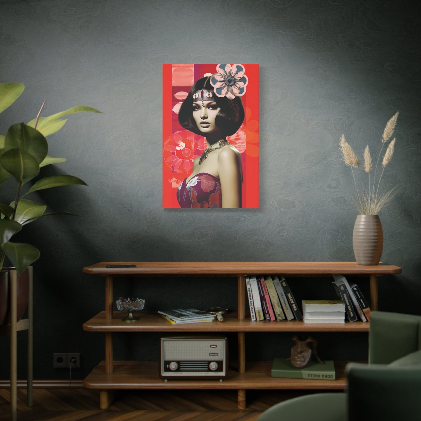 Retro Floral Portrait Canvas Wall Art — Glamorous 1960s-Inspired Woman on Red Matte Stretched Canvas