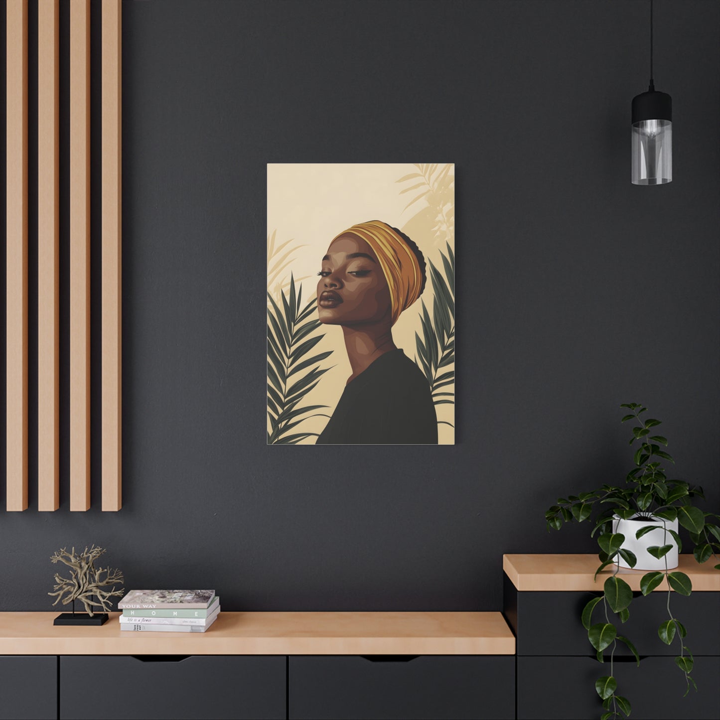 Modern Afrocentric Portrait Canvas — Elegant Woman with Headwrap Matte Stretched Print