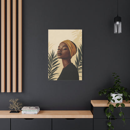 Modern Afrocentric Portrait Canvas — Elegant Woman with Headwrap Matte Stretched Print