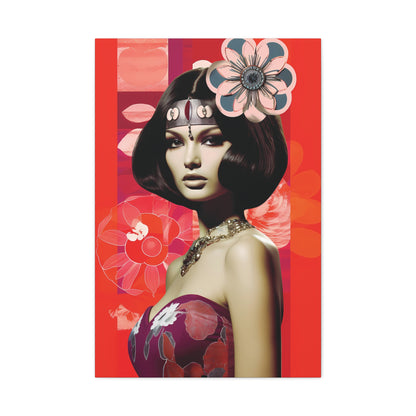 Retro Floral Portrait Canvas Wall Art — Glamorous 1960s-Inspired Woman on Red Matte Stretched Canvas