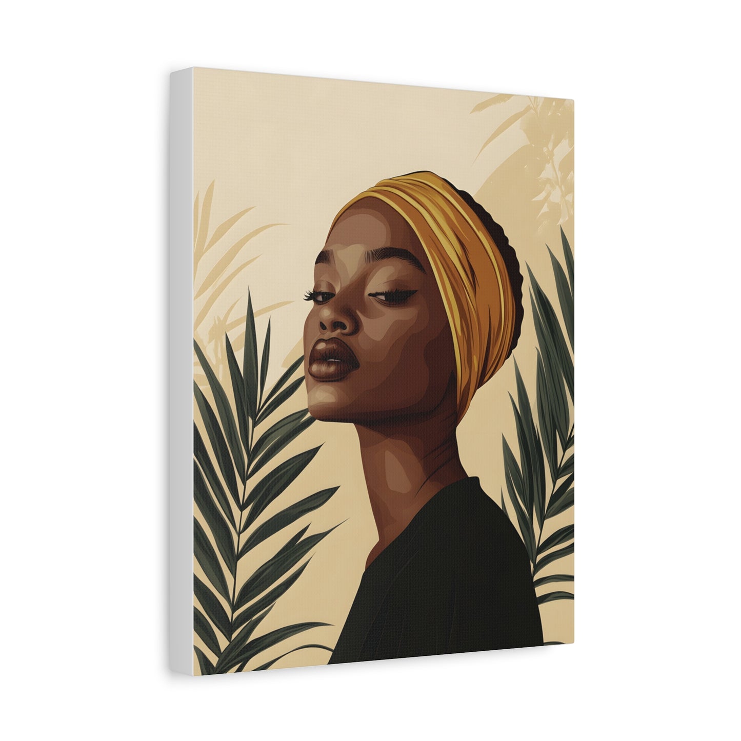Modern Afrocentric Portrait Canvas — Elegant Woman with Headwrap Matte Stretched Print