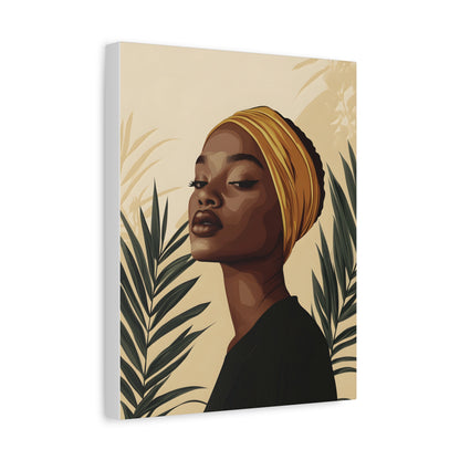 Modern Afrocentric Portrait Canvas — Elegant Woman with Headwrap Matte Stretched Print