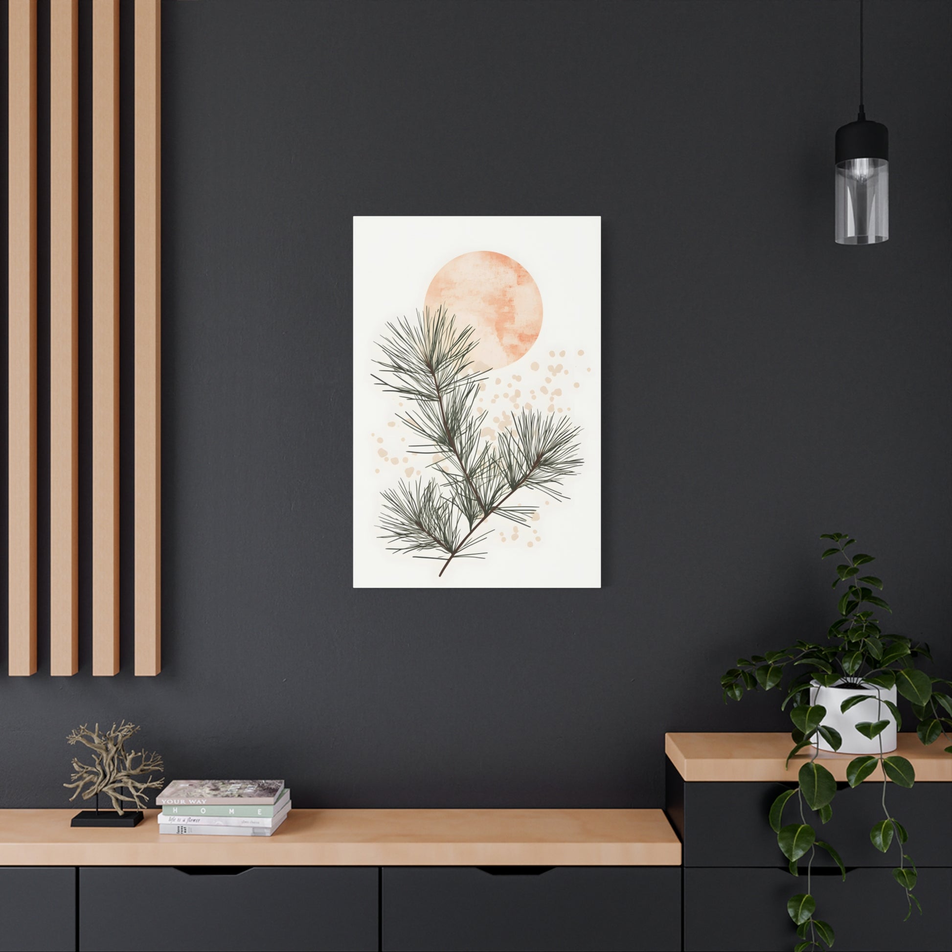 Botanical Pine Branch Canvas Print — Minimalist Pine Art with Warm Sun