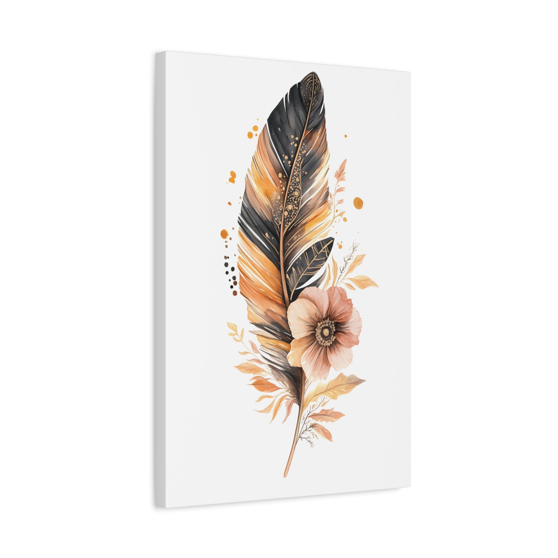 Feather & Bloom Canvas Wall Art — Neutral Boho Floral Feather Print