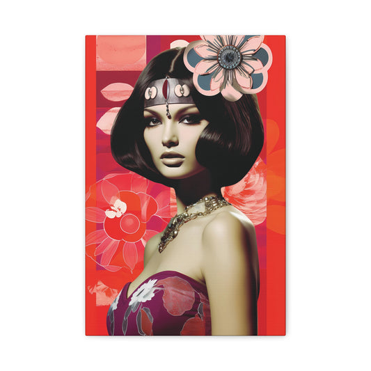 Retro Floral Portrait Canvas Wall Art — Glamorous 1960s-Inspired Woman on Red Matte Stretched Canvas
