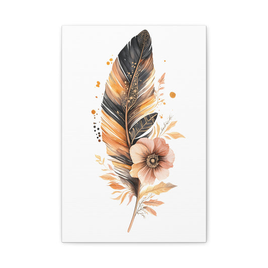 Feather & Bloom Canvas Wall Art — Neutral Boho Floral Feather Print