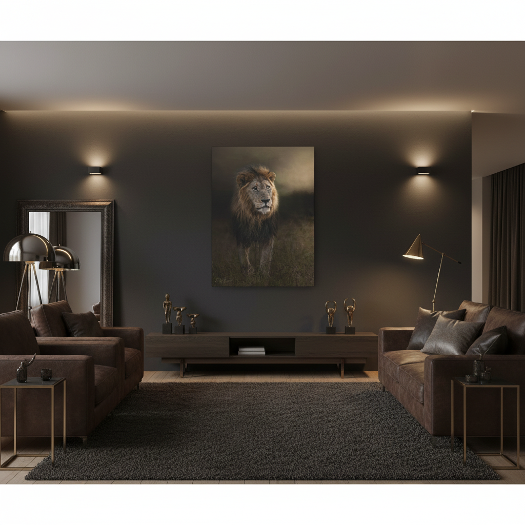 Under the Gathering Sky – Advancing Lion by Photographer Patsy Weingart