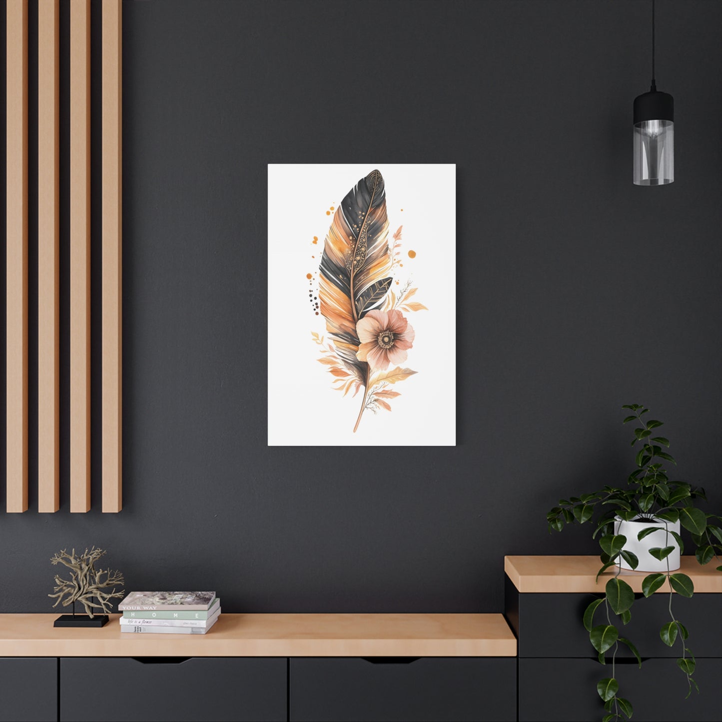 Feather & Bloom Canvas Wall Art — Neutral Boho Floral Feather Print