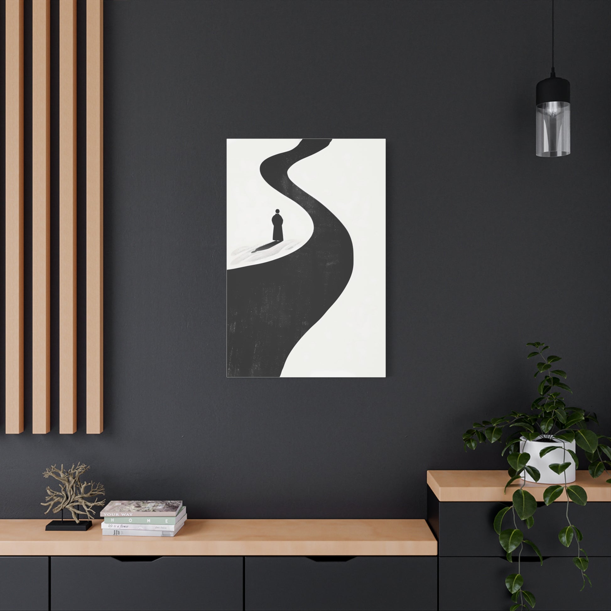 Minimalist Black & White Canvas Art — Solitary Figure on Winding Path