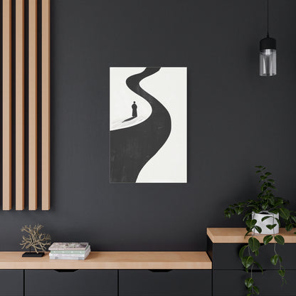 Minimalist Black & White Canvas Art — Solitary Figure on Winding Path