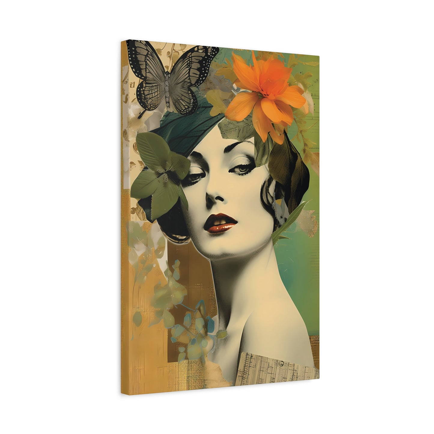 Vintage Floral Portrait Canvas Art – Elegant Woman with Butterflies