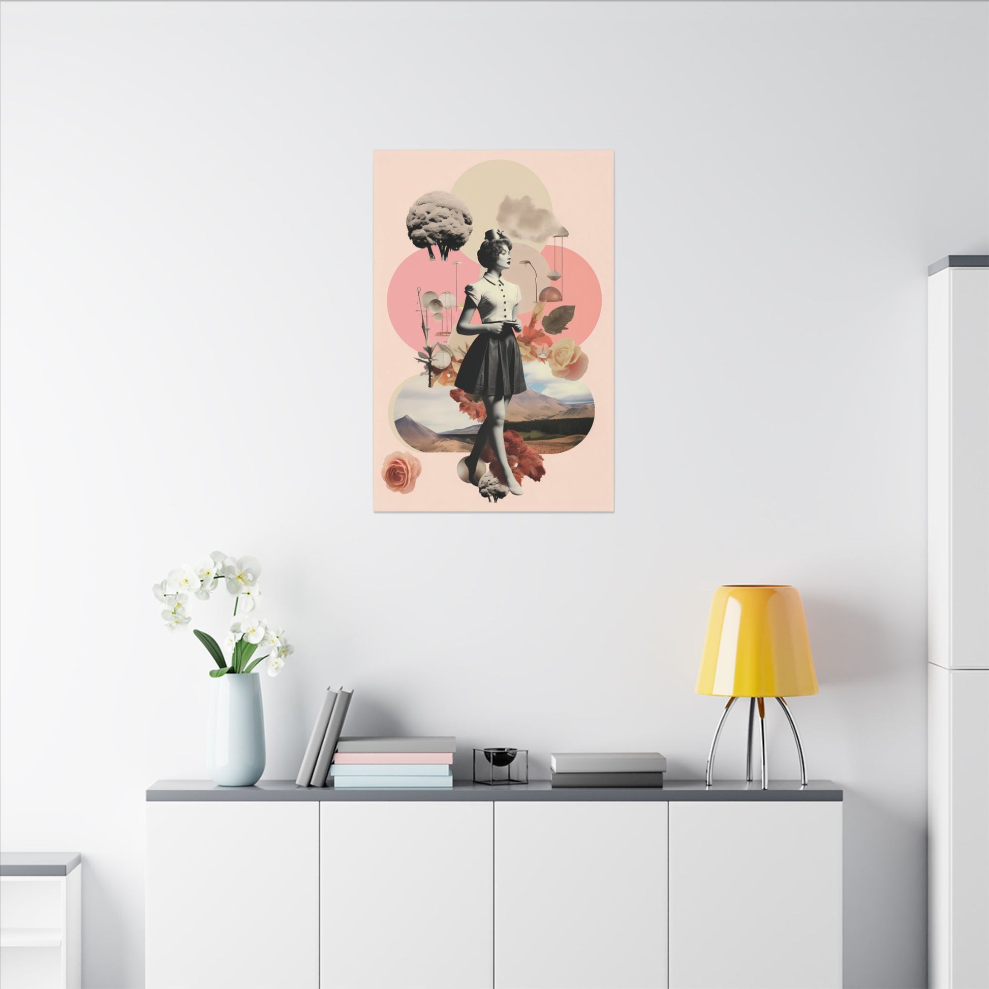 Vintage Ingenue Canvas Art: Surreal Pink Landscape Collage