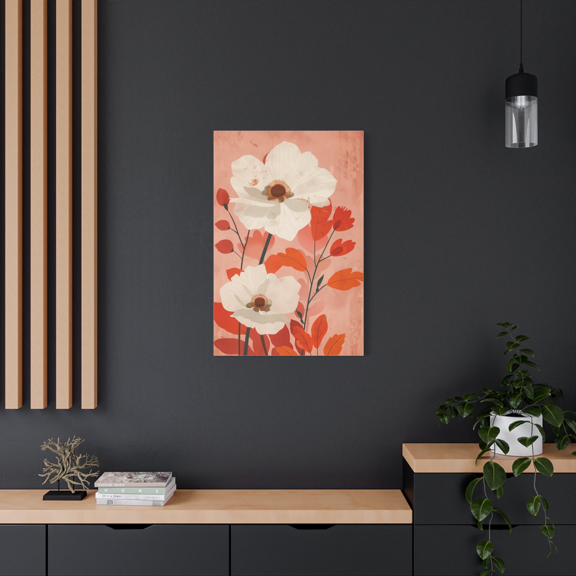 Bold Botanical Wall Art with White Flowers, Home Decor