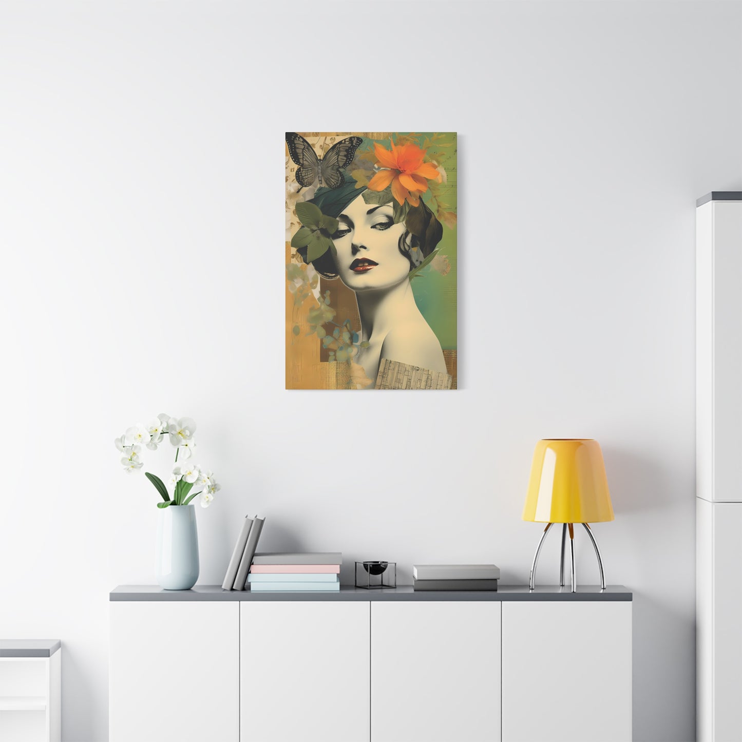 Vintage Floral Portrait Canvas Art – Elegant Woman with Butterflies
