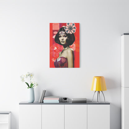 Retro Floral Portrait Canvas Wall Art — Glamorous 1960s-Inspired Woman on Red Matte Stretched Canvas