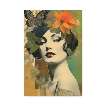 Vintage Floral Portrait Canvas Art – Elegant Woman with Butterflies