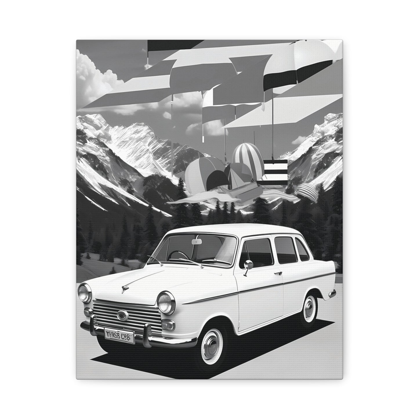 Black and White Vintage Car Canvas Art Print
