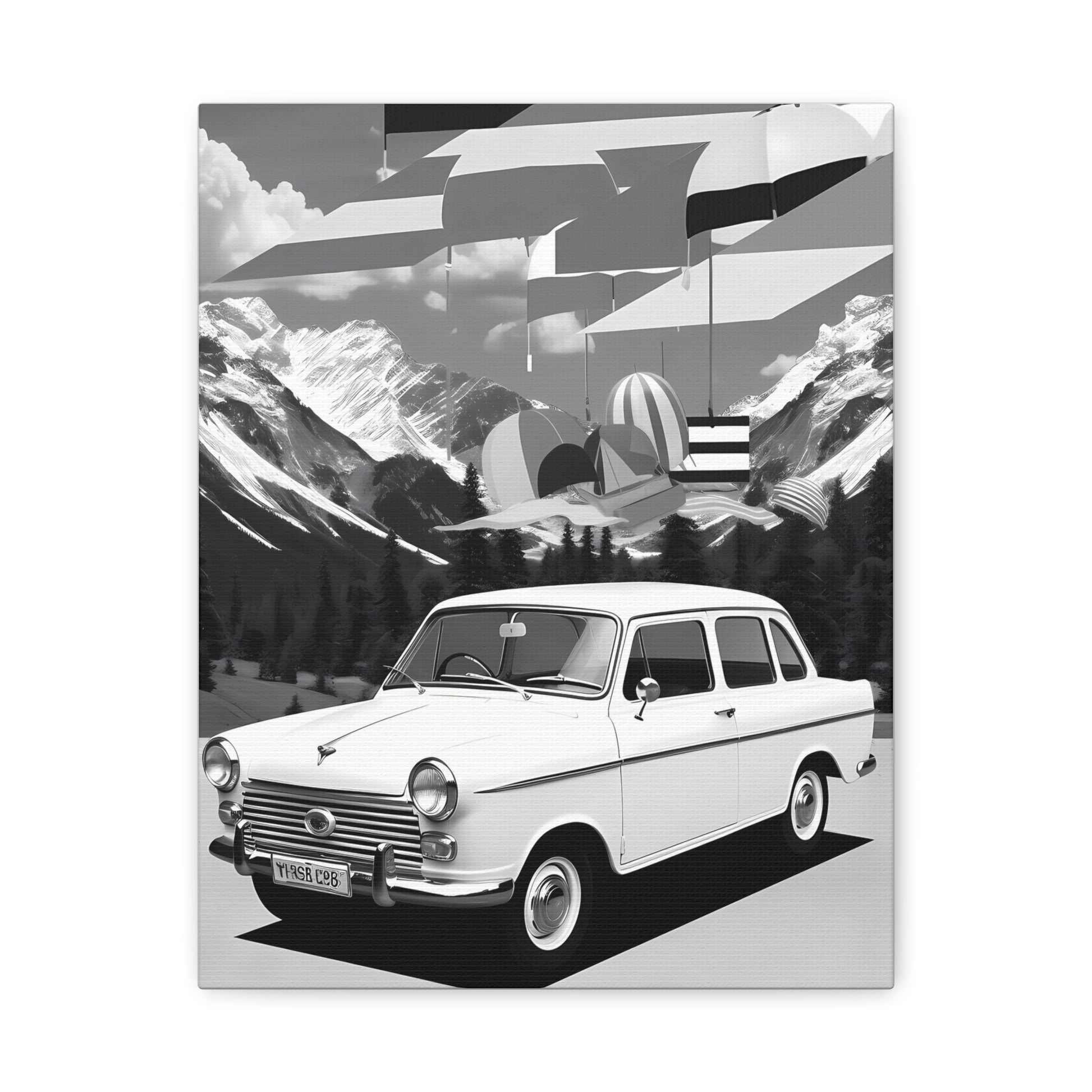 Black and White Vintage Car Canvas Art Print