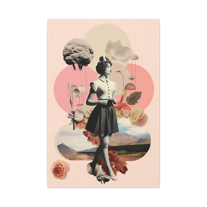 Vintage Ingenue Canvas Art: Surreal Pink Landscape Collage