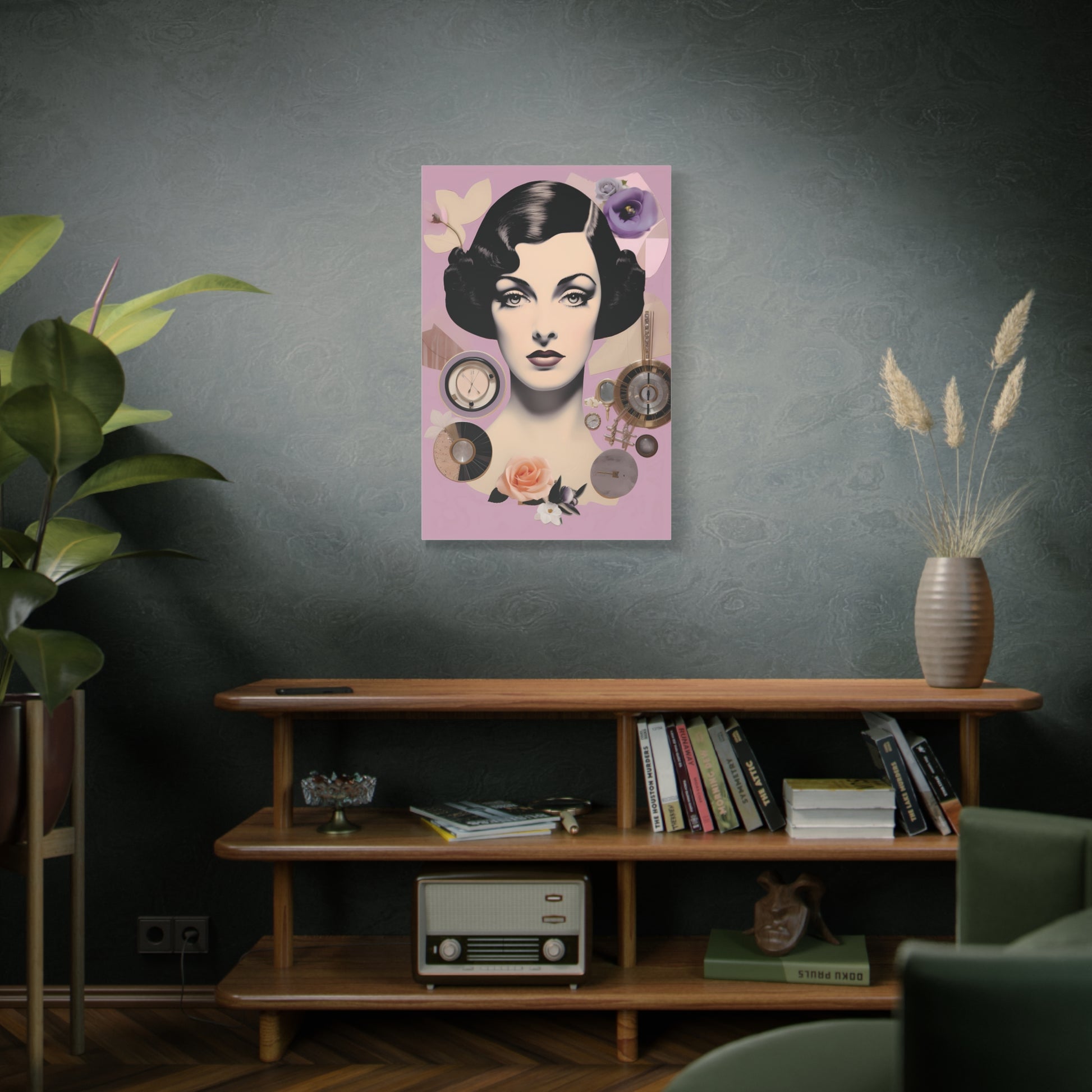 Vintage Glam Portrait Canvas Print — Art Deco Woman on Pink Matte Stretched Canvas