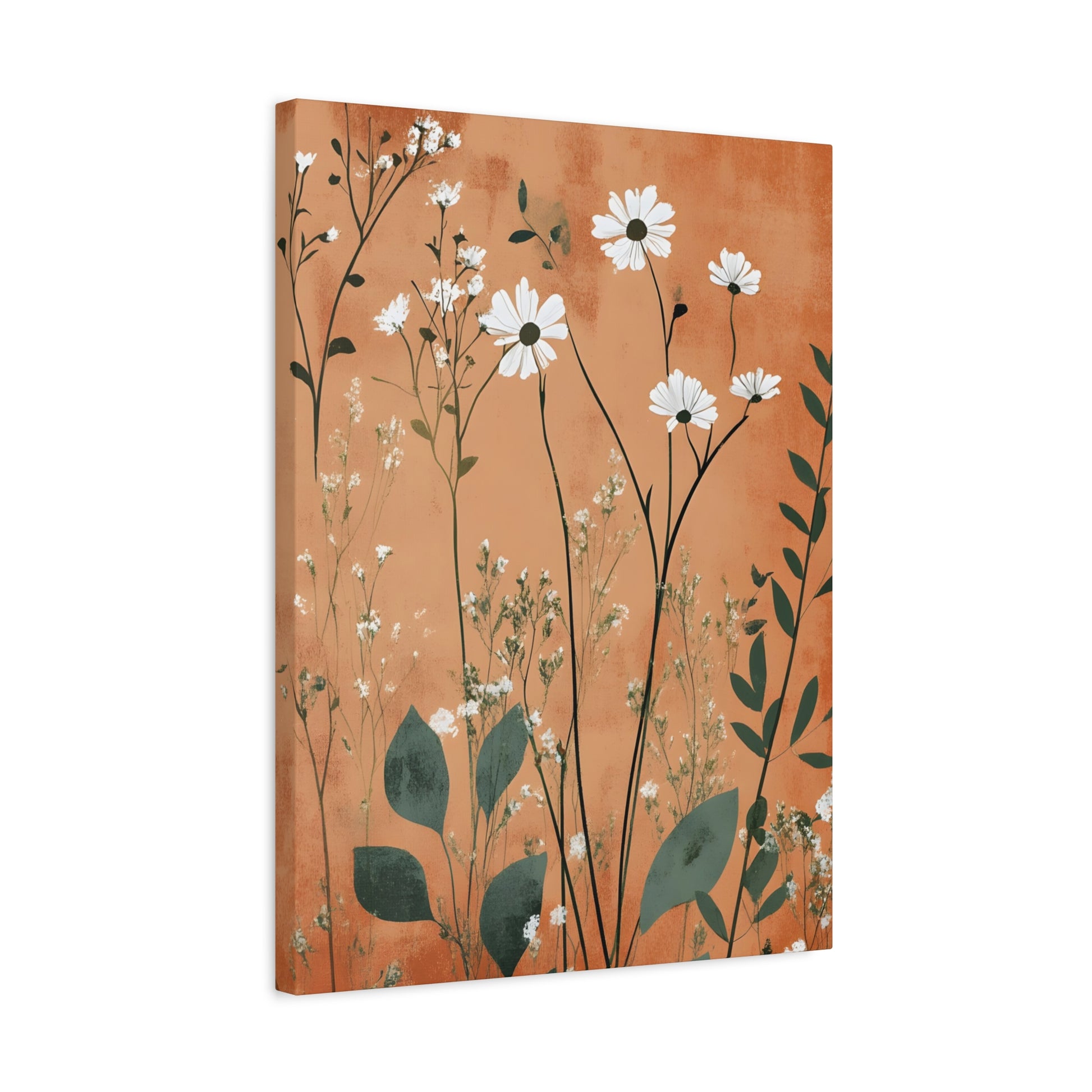 Daisy Meadow Matte Canvas Wall Art — Orange Botanical Stretched Canvas