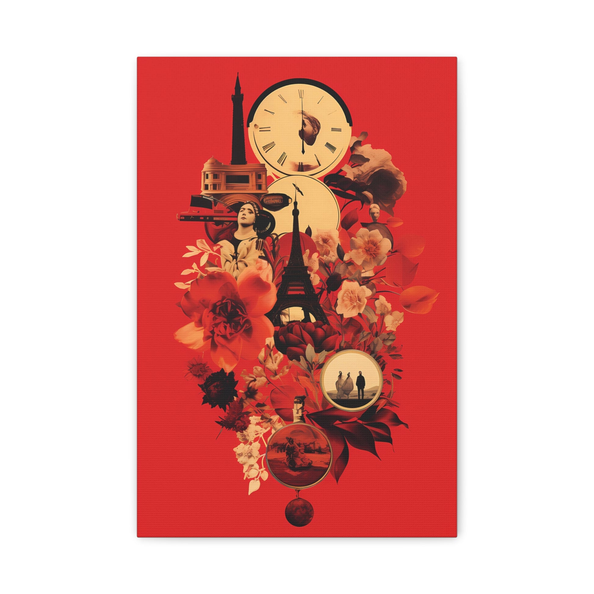 Red Floral Paris Wall Art, Vintage Travel Canvas Print