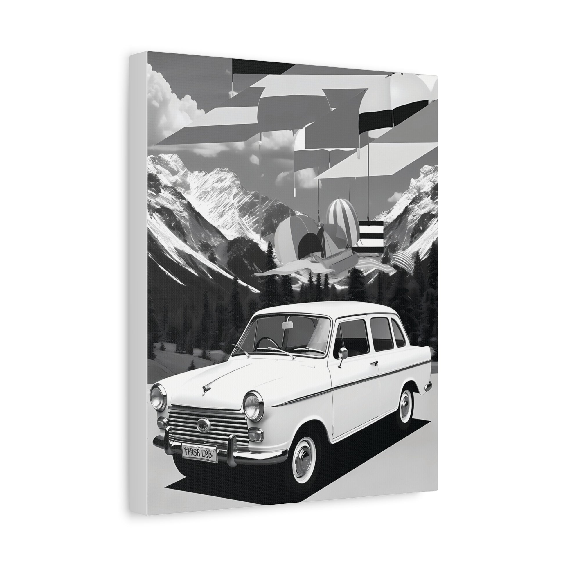 Black and White Vintage Car Canvas Art Print