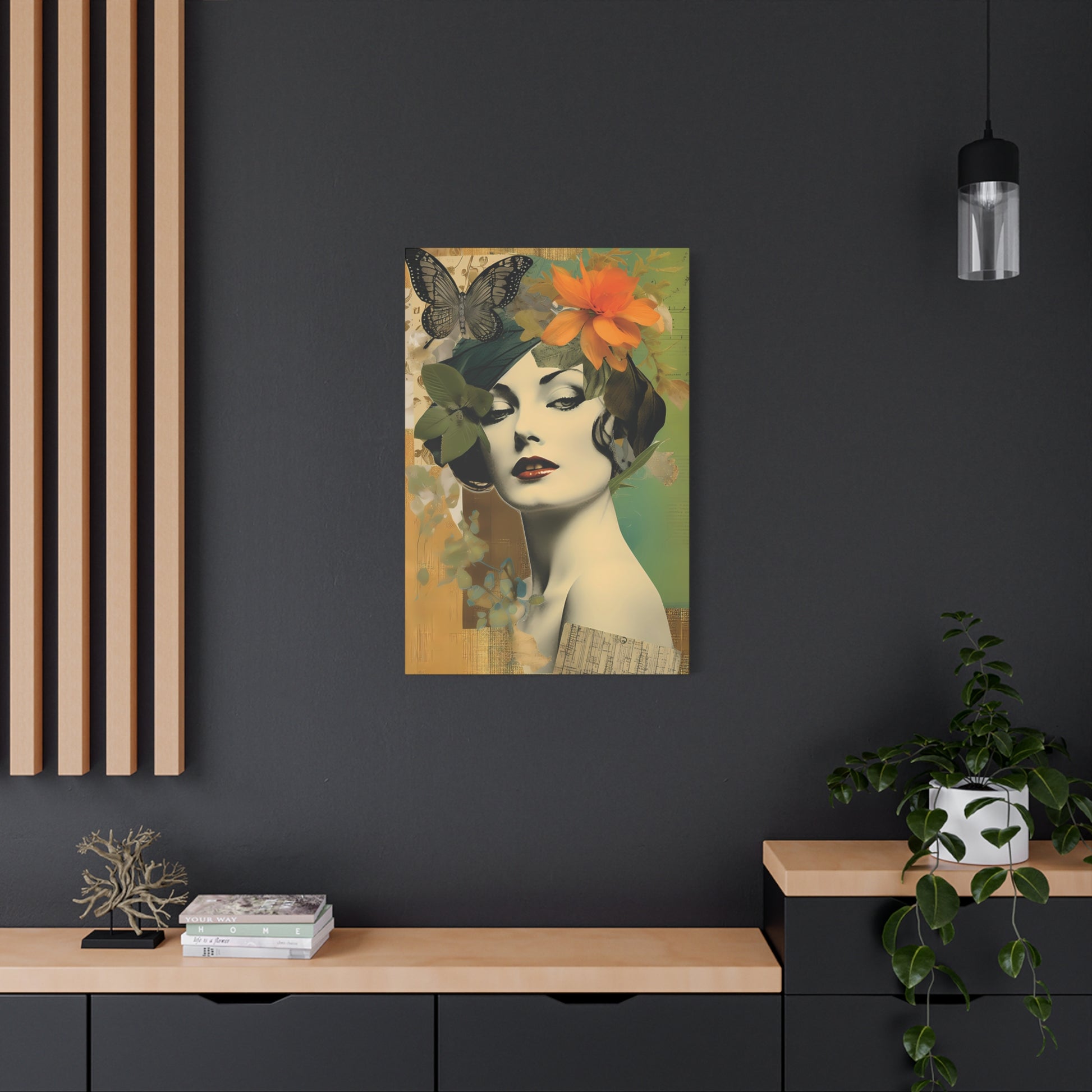Vintage Floral Portrait Canvas Art – Elegant Woman with Butterflies
