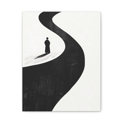Minimalist Black & White Canvas Art — Solitary Figure on Winding Path