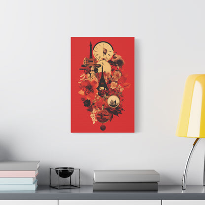 Red Floral Paris Wall Art, Vintage Travel Canvas Print