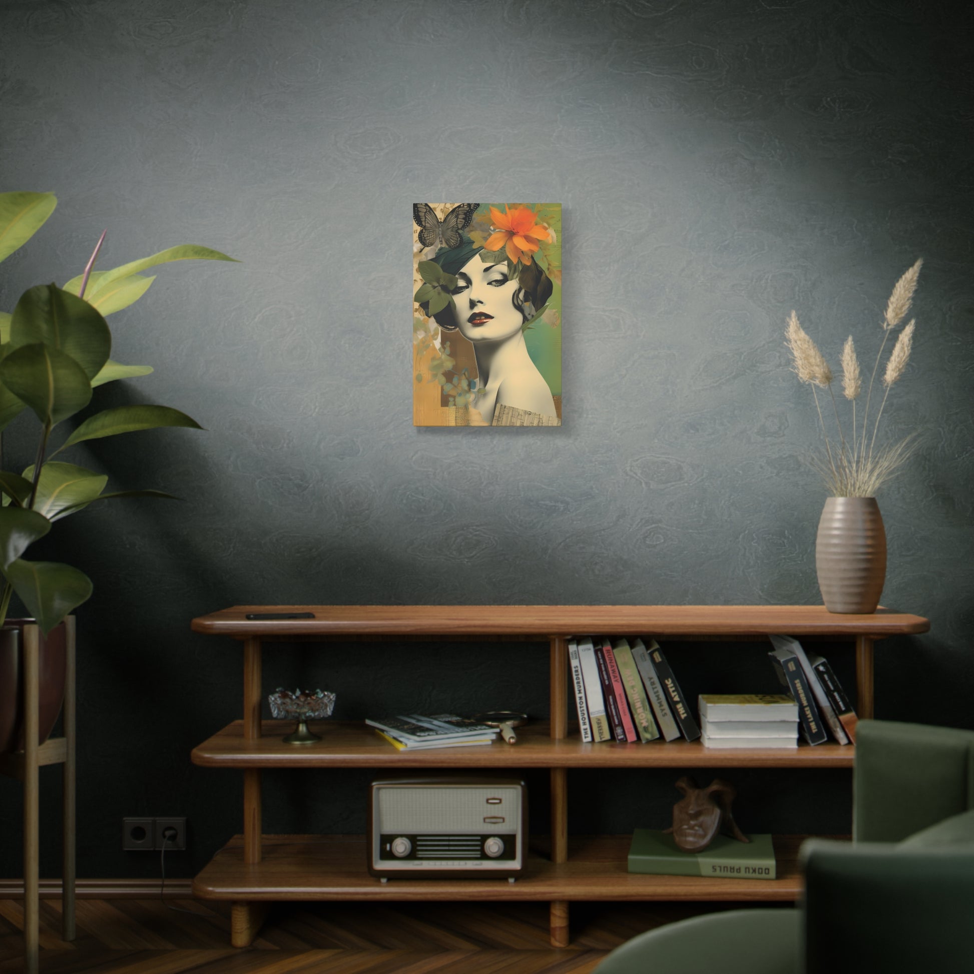 Vintage Floral Portrait Canvas Art – Elegant Woman with Butterflies