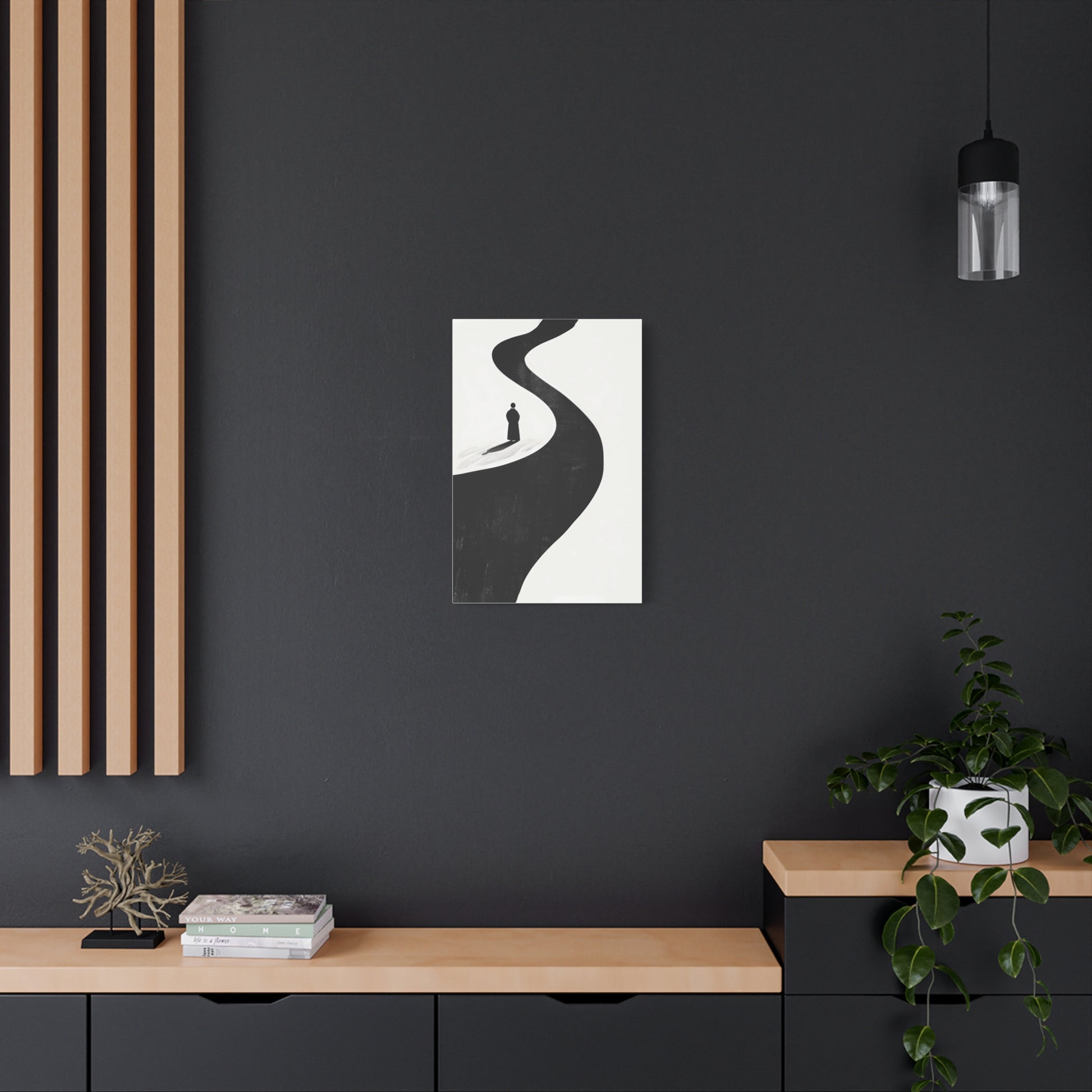 Minimalist Black & White Canvas Art — Solitary Figure on Winding Path