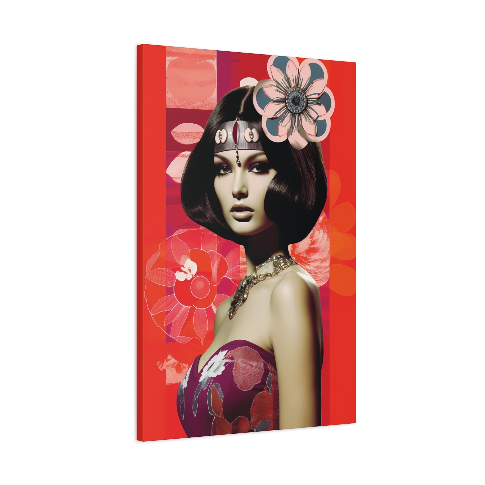 Retro Floral Portrait Canvas Wall Art — Glamorous 1960s-Inspired Woman on Red Matte Stretched Canvas