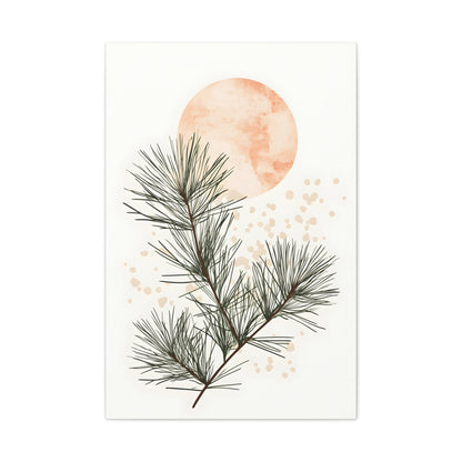 Botanical Pine Branch Canvas Print — Minimalist Pine Art with Warm Sun