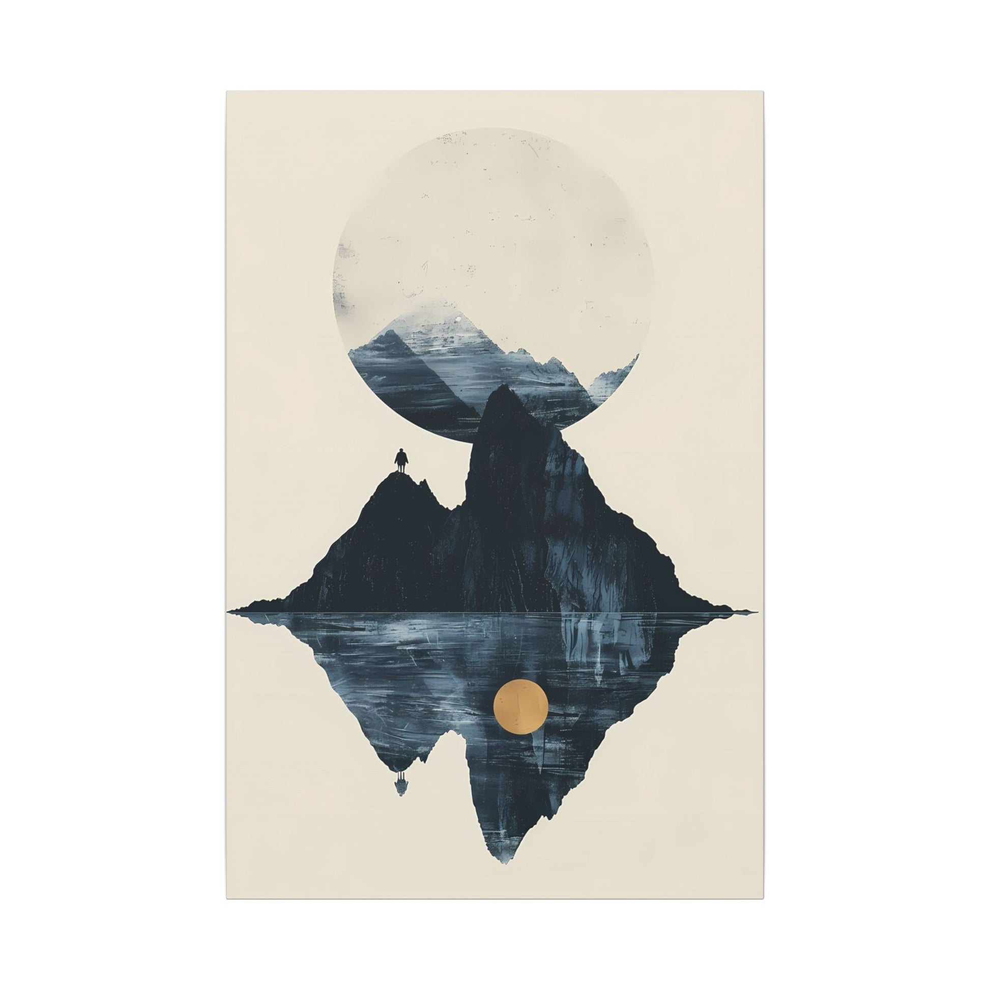 Modern Solitude Canvas Print: Mountain Reflection and Golden Sun