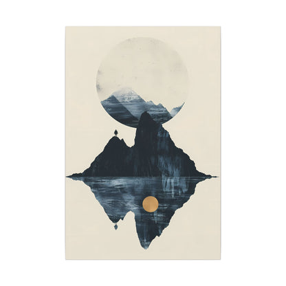 Modern Solitude Canvas Print: Mountain Reflection and Golden Sun