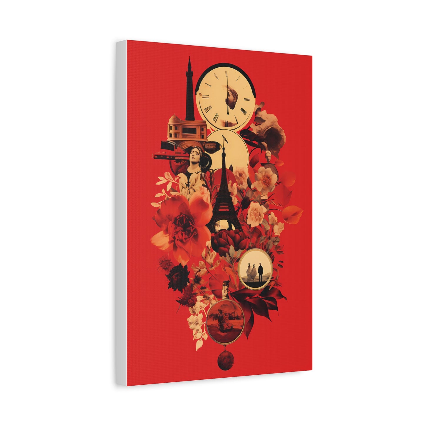 Red Floral Paris Wall Art, Vintage Travel Canvas Print