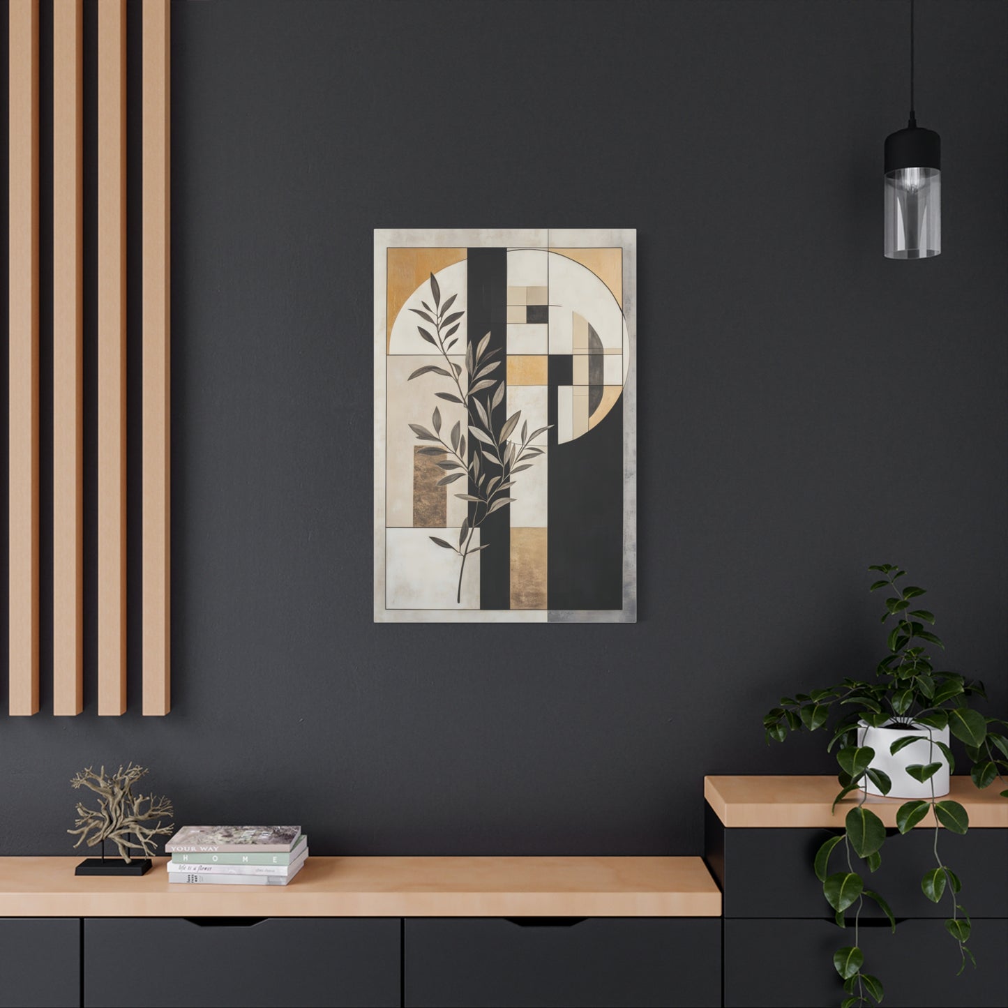 Abstract Botanical Canvas Wall Art – Geometric Olive Branch Matte Stretched Canvas