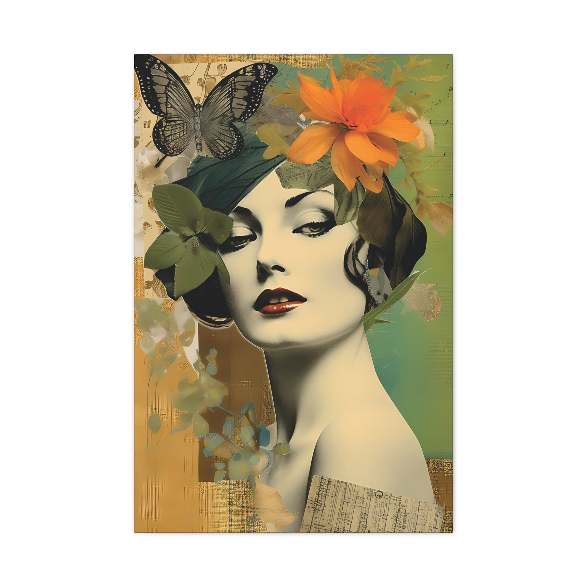 Vintage Floral Portrait Canvas Art – Elegant Woman with Butterflies