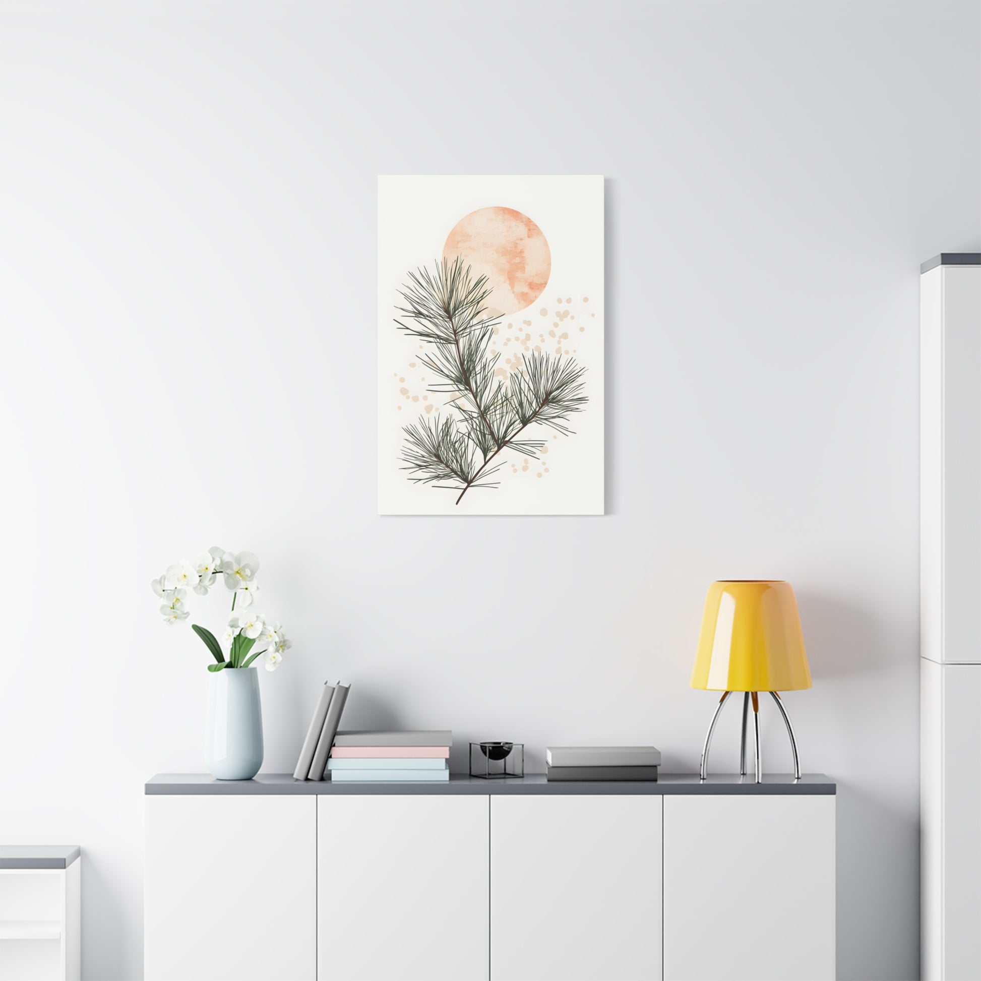 Botanical Pine Branch Canvas Print — Minimalist Pine Art with Warm Sun