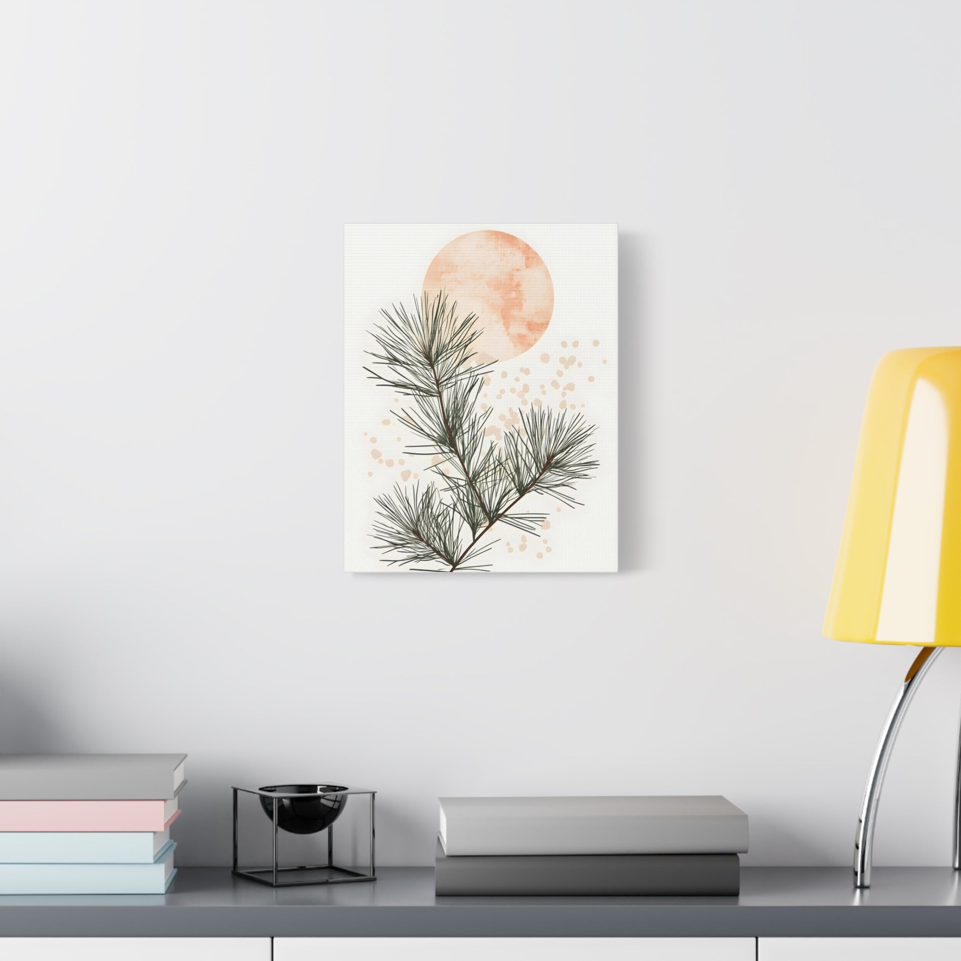 Botanical Pine Branch Canvas Print — Minimalist Pine Art with Warm Sun