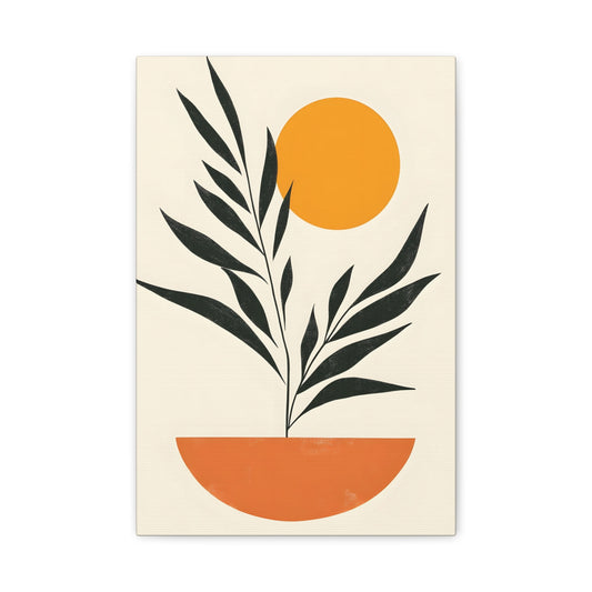 Minimalist Botanical Canvas Print — Midcentury Plant & Sun Wall Art