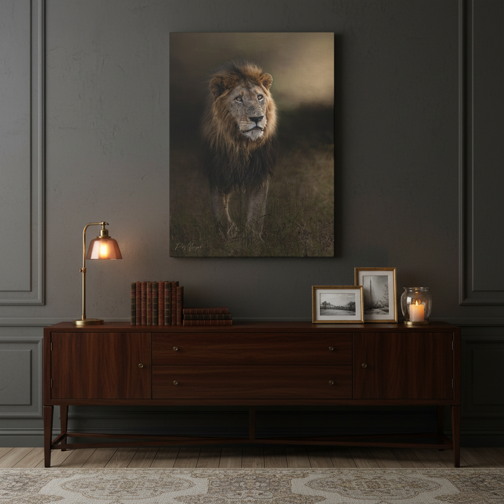 Under the Gathering Sky – Advancing Lion by Photographer Patsy Weingart