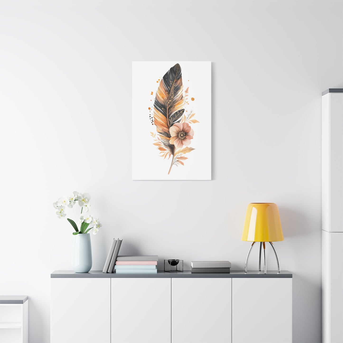 Feather & Bloom Canvas Wall Art — Neutral Boho Floral Feather Print